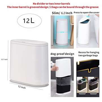 12 Liter Plastic Trash Can with Press Top Lid for Bathroom White Narrow Dog Proof Garbage Can,3.17 G...