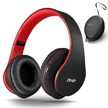 ZIHNIC 2 Items,1 Rose Gold Over-Ear Wireless Headset Bundle with 1 Black Red Foldable Wireless Headset