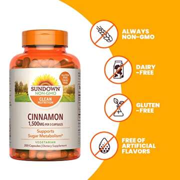 Sundown Cinnamon Capsules, Support Sugar Metabolism, Non-GMO, Free of Gluten, Dairy, Artificial Flavors, 1000 mg, 200 Capsules