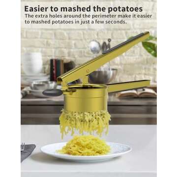 GloTika Large 15oz Potato Ricer, Heavy Duty Stainless Steel Ricer for Mashed Potatoes, Sweet Potato Masher Kitchen Tool with Ergonomic Handle, Press and Mash Kitchen Gadget, Gold