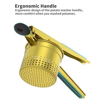 GloTika Large 15oz Potato Ricer, Heavy Duty Stainless Steel Ricer for Mashed Potatoes, Sweet Potato Masher Kitchen Tool with Ergonomic Handle, Press and Mash Kitchen Gadget, Gold