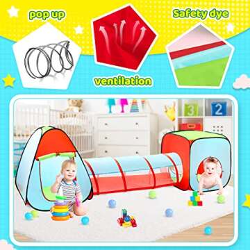 3pc Kids Play Tent for Toddler with Ball Pit+Crawl Tunnel+Castle Tent, Pop Up Children Playhouse for Boys and Girls Gift, Collapsible Baby Play Tent Toy Indoor and Outdoor Games