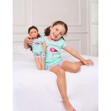 Leveret Shorts Matching Doll & Girl Flamingo 2 Piece Pajama Set 100% Cotton Size 8 Years