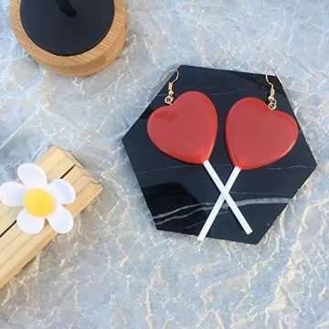 Cute Heart Lollipop Candy Color Simulation Food Light Weight Resin Dangle Drop Earring for Women Funny Jewelry Valentine's Day Gift