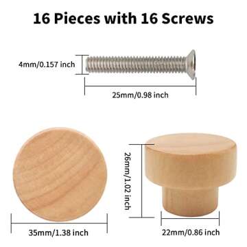 Bmgop 16PCS Wood Knobs Flat Top Round Cabinet Knobs 1.39"(35mm) Natural Wooden Dresser Drawer Pulls ...