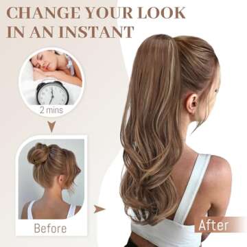 KooKaStyle Ponytail Extensions, 22 inch Ash Blonde Mix Light Brown Long Drawstring Wavy Clip in Ponytail Hair Extensions Layered Synthetic Hairpiece for Women
