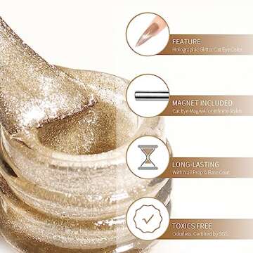 MAYCHAO 15ML Cat Eye Gel Nail Polish 1Pc Champagne Gold Gel Polish with Magnet Soak off Holographic ...