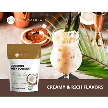 Organic Coconut Milk Powder (12 oz) for Creamer, Coffee, Shakes & Cooking - Kate Naturals - Dairy-Free, Gluten Free, Vegan-Friendly, Keto-Friendly. Unsweetened. Coconut Milk Powder Good for Skin & Boba.