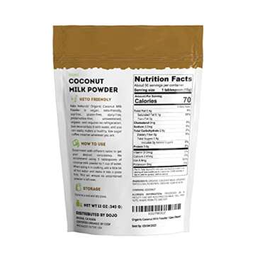 Organic Coconut Milk Powder (12 oz) for Creamer, Coffee, Shakes & Cooking - Kate Naturals - Dairy-Free, Gluten Free, Vegan-Friendly, Keto-Friendly. Unsweetened. Coconut Milk Powder Good for Skin & Boba.