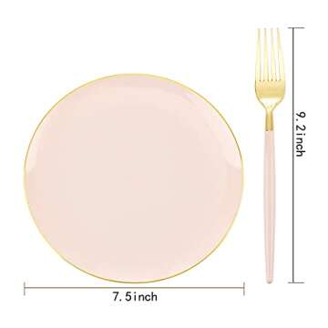 LIYH 96 Pcs Pink and Gold Disposable Plastic Dessert Plates and Forks Set - 7.5" Plastic Appetizer P...