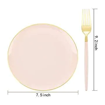 LIYH 96 Pcs Pink and Gold Disposable Plastic Dessert Plates and Forks Set - 7.5" Plastic Appetizer P...