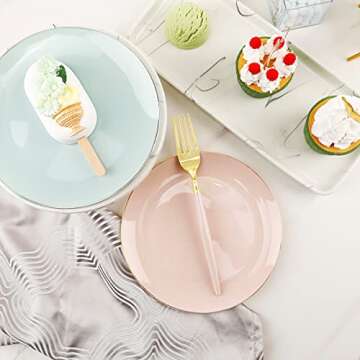LIYH 96 Pcs Pink and Gold Disposable Plastic Dessert Plates and Forks Set - 7.5" Plastic Appetizer Plates & 9" Gold Cake Forks for Tea Parties, Birthdays, Baby Shower 48 Guests