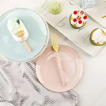 LIYH 96 Pcs Pink and Gold Disposable Plastic Dessert Plates and Forks Set - 7.5" Plastic Appetizer Plates & 9" Gold Cake Forks for Tea Parties, Birthdays, Baby Shower 48 Guests
