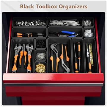 A-LUGEI【𝟱𝟴𝗣𝗰𝘀】【5 Size】 Tool Box Organizer Tray Divider Set, 【Black】 Desk Drawer Organizer, Garage Organization and Storage Toolbox Accessories Rolling Tool Chest Cart Cabinet WorkBench Small Part