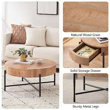 Stylish IDEALHOUSE Round Coffee Table with 2 Drawers