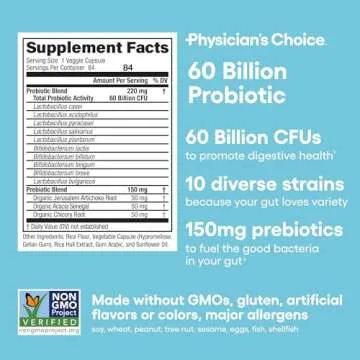 Physician's CHOICE Probiotics 60 Billion CFU - 10 Strains + Organic Prebiotics - Immune, Digestive & Gut Health - Supports Occasional Constipation, Diarrhea, Gas & Bloating - for Women & Men - 84ct