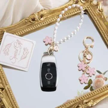 HONYJOOM Initial Letter Keychain Women Girls Cute Flower Car Key Chain Backpack Purse Bag Charms For Handbags, Wristlet Keychain Phone Charm, Stanley Charms for Handle (S Keychain Pink)