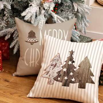 GEEORY Christmas Pillow Covers 20 x 20 Inch Set of 4, Striped Wooden Tree Snow Sleigh Merry Bright X...