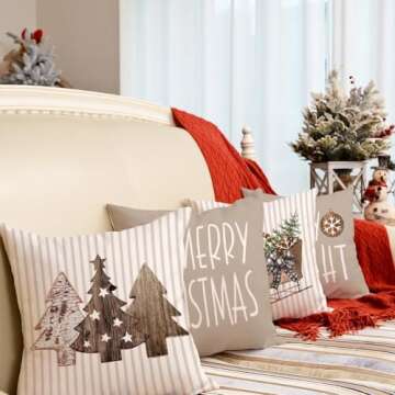 GEEORY Christmas Pillow Covers 20 x 20 Inch Set of 4, Striped Wooden Tree Snow Sleigh Merry Bright Xmas Holiday Decor Decorative Throw Cushion Case Decoration for Home Party Sofa Couch (Brown)