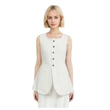 IDEWO Long Linen Waistcoat Vest for Women Summer Casual High Neck Button Down Sleeveless Tops with P...