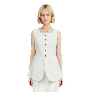 IDEWO Long Linen Waistcoat Vest for Women Summer Casual High Neck Button Down Sleeveless Tops with P...