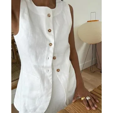 IDEWO Women Linen Waistcoat Summer Casual Vest with Pockets