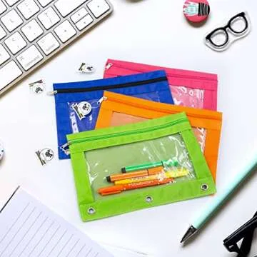 MINI LOP 3 Ring Binder Pencil Pouches, Pencil Pouch for 3 Ring Binder, Zippered Clear Window Pencil Case for Binder with Rivet Enforced Hole 3 Ring, 5 Packs