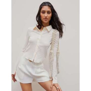 CIDER Women's Long Sleeve Shirts Bell Sleeve Button Down Casual Blouse Business Casual Office Outfit Beige