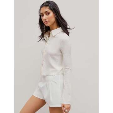 CIDER Women's Long Sleeve Shirts Bell Sleeve Button Down Casual Blouse Business Casual Office Outfit Beige