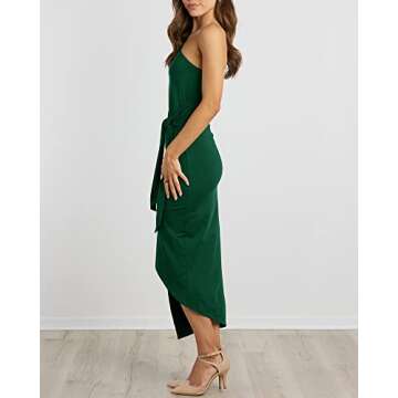 BTFBM Women Elegant Long Sleeve One Shoulder Cocktail Dress Bodycon Ruched Tie Waist Wrap Dress Solid Color Midi Party Dress(Solid Dark Green,Large)