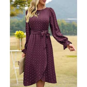 Falechay Burgundy Dresses for Women 2023 Flowy Midi Vacation Fall Wedding Guest Dress with Belted Po...