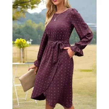Falechay Burgundy Dresses for Women 2023 Flowy Midi Vacation Fall Wedding Guest Dress with Belted Pockets M