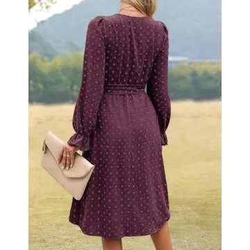 Falechay Burgundy Dresses for Women 2023 Flowy Midi Vacation Fall Wedding Guest Dress with Belted Pockets M
