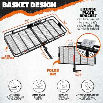 Mockins 70"x30"x6" XXL Folding Trailer Hitch Cargo Carrier |500Lbs. Capacity All-Weather Luggage Rac...