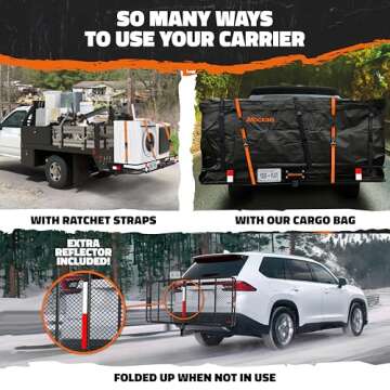 Mockins 70"x30"x6" XXL Folding Trailer Hitch Cargo Carrier |500Lbs. Capacity All-Weather Luggage Rack for SUV & Car| Cargo Racks for Trailer Hitch w/Stabilizer & Straps| Cargo Basket Fits 2" Receiver