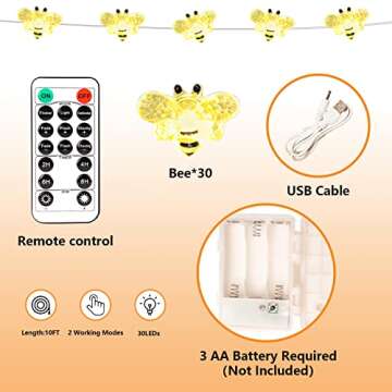 Impress Life Honey Bee Fairy String Lights, 10 Foot 40 LED, USB & Battery Operated 8 Modes with Remo...