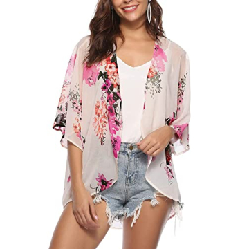 BB&KK Women Floral Kimono Cardigan Loose Half Sleeve Shawl Chiffon Casual Open Front Cover up Small
