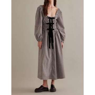 Women's 2024 Summer Boho Square Neck Front Bow Midi Dress Puff Long Sleeve Plaid Ruffle Backlass Long Dress (Light Brown, S)