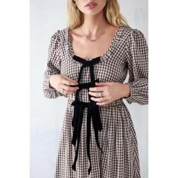 Women's 2024 Summer Boho Square Neck Front Bow Midi Dress Puff Long Sleeve Plaid Ruffle Backlass Long Dress (Light Brown, S)