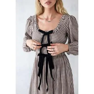 Women's 2024 Summer Boho Square Neck Front Bow Midi Dress Puff Long Sleeve Plaid Ruffle Backlass Long Dress (Light Brown, S)