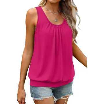 WIHOLL Valentines Shirts for Women Trendy Tank Tops Dressy Casual Blouses Pleated Loose Fit Solid Color Sleeveless Tops Hot Pink XL