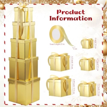 Cholemy 5 Pcs Valentine's Day Gift Box with Lid and Ribbon Mixed Size Square Nesting Boxes Gift Wrap Boxes Decorative Boxes for Valentines, Birthday, Weddings, Anniversary Party(Gold)