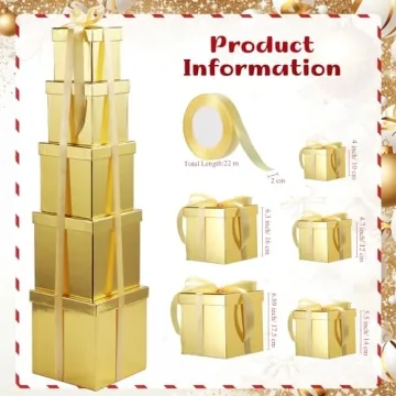 Cholemy 5 Pcs Valentine's Day Gift Box with Lid and Ribbon Mixed Size Square Nesting Boxes Gift Wrap Boxes Decorative Boxes for Valentines, Birthday, Weddings, Anniversary Party(Gold)