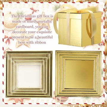 Cholemy 5 Pcs Valentine's Day Gift Box with Lid and Ribbon Mixed Size Square Nesting Boxes Gift Wrap Boxes Decorative Boxes for Valentines, Birthday, Weddings, Anniversary Party(Gold)