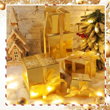 Cholemy 5 Pcs Valentine's Day Gift Box with Lid and Ribbon Mixed Size Square Nesting Boxes Gift Wrap Boxes Decorative Boxes for Valentines, Birthday, Weddings, Anniversary Party(Gold)