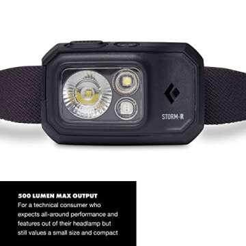BLACK DIAMOND Storm 500-R Rechargeable LED Headlamp, Waterproof and Dimmable for Camping, Hiking, Running, Hunting, Work with Red Light Headlamp Mode, Black