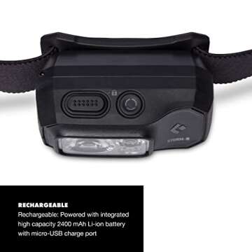 BLACK DIAMOND Storm 500-R Rechargeable LED Headlamp, Waterproof and Dimmable for Camping, Hiking, Running, Hunting, Work with Red Light Headlamp Mode, Black