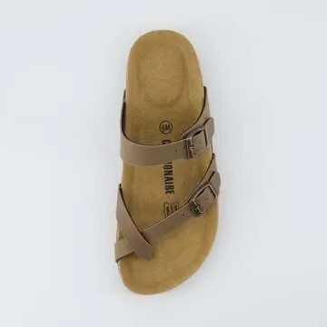 CUSHIONAIRE Luna Cork Footbed Women's Sandals - Comfortable Slip-On Slides with Adjustable Straps & Memory Foam for All-Day Wear | Beach Essential Summer Sandals for Women 2025, BROWN 6