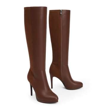 Modatope Knee High Brown Boots for Women Brown Platform Boots Round Toe Tall Boots Stiletto Heel Sid...