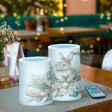 ALAZA Watercolour Cute Rabbit Easter Bunny Flickering Flameless Candles Battery Operated with Remote Timer,Tea Light Candles LED Pillar Votive Candles Set of 2 for Outdoor Indoor Decorations